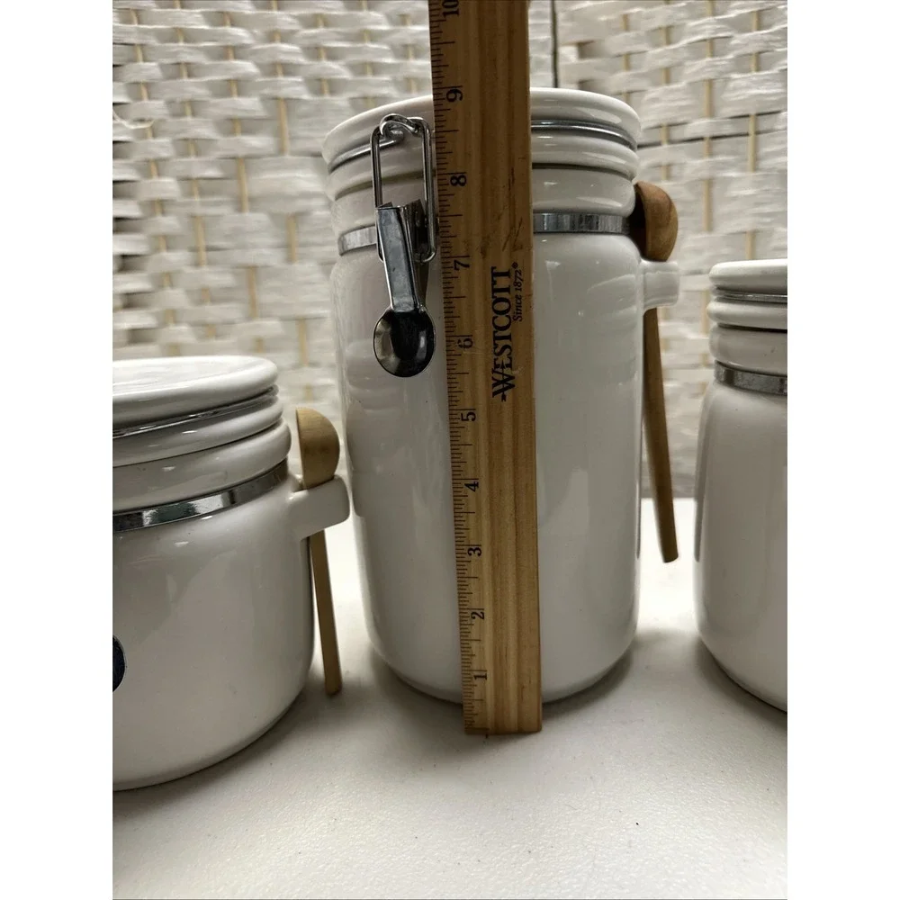 China 3 piece Canister Set W/ Wooden Spoons White Locking Lids